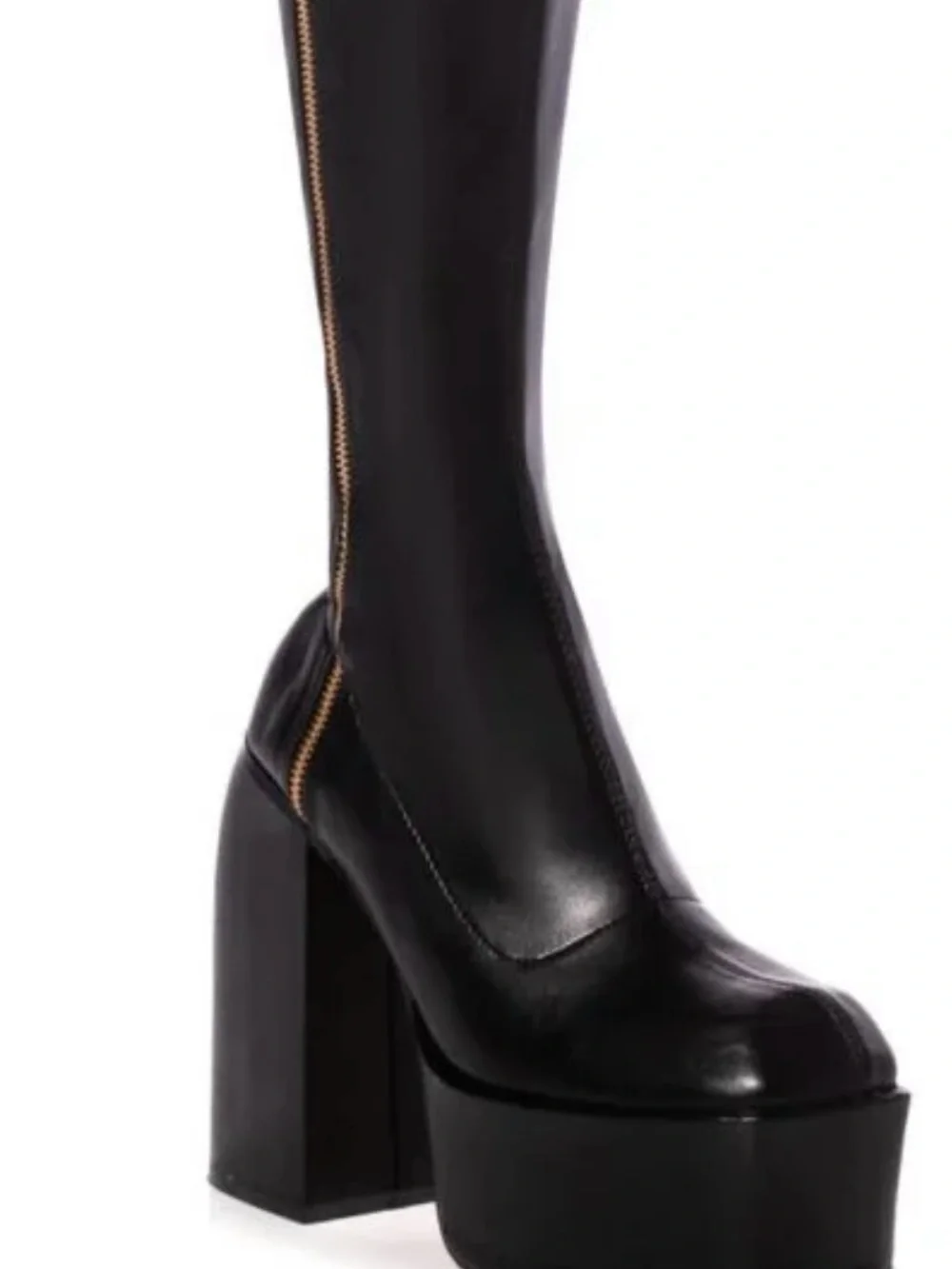 Black High Platform Knee Boot with Gold Zip Accent